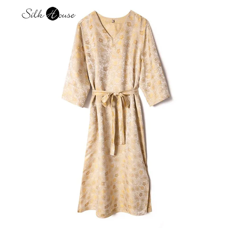 

Women's Fashion Summer New Yellow Daisy Print 100% Natural Mulberry Silk Song Brocade Versatile Temperament Comfortable Dress