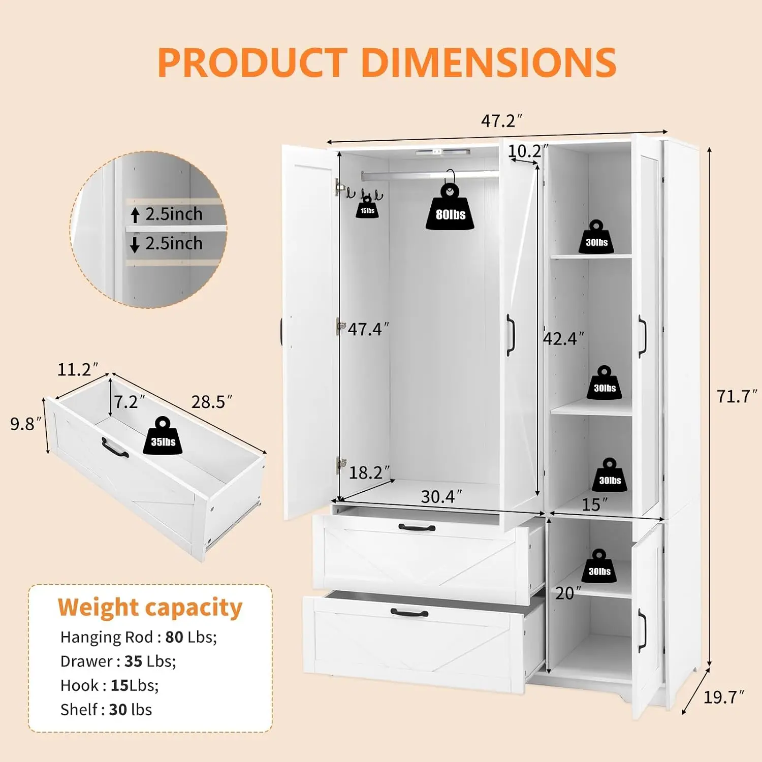 Armoire Wardrobe Closet with Drawers and Mirror, 72