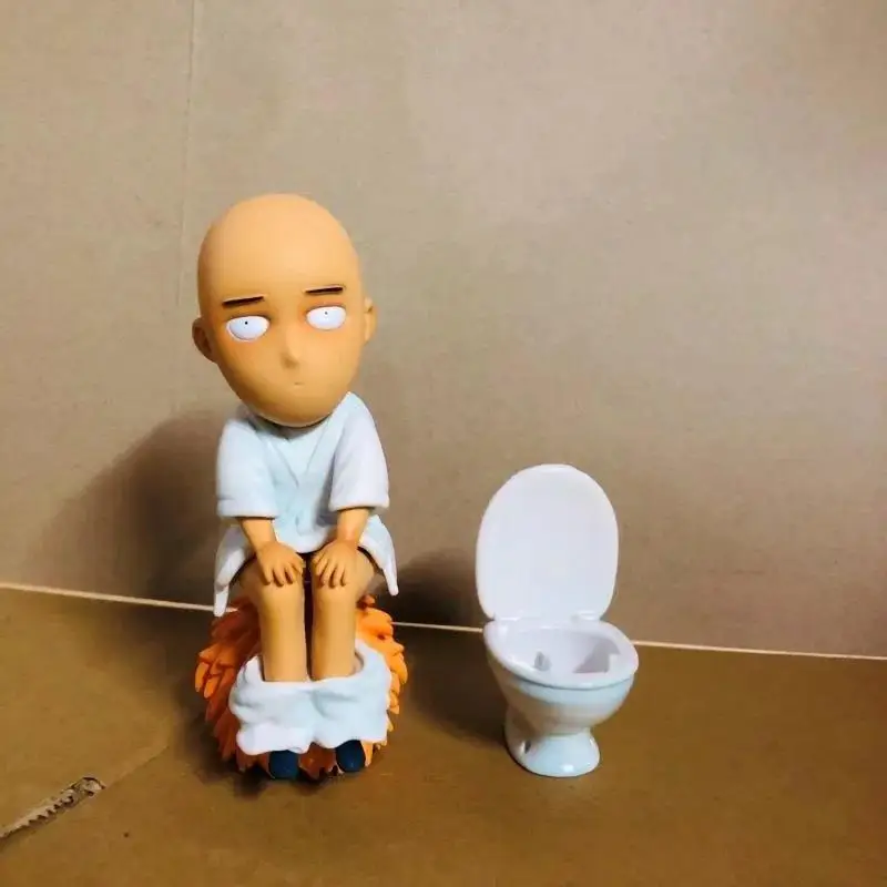 One Punch Superman GK Toilet Saitama Sitting Position Saitama Teacher Bald Doll Model Doll Machine Desktop Ornament