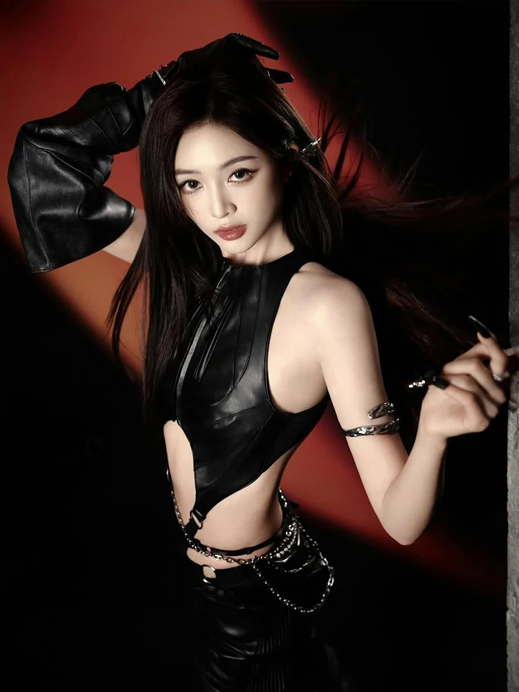 بدلة نسائية مثيرة مجوفة من Sisterlinda مصنوعة من الجلد بسحّاب صناعي بدون أكمام ورقبة دائرية بدون خصر ملابس مهرجان موسيقى منتصف الليل #2