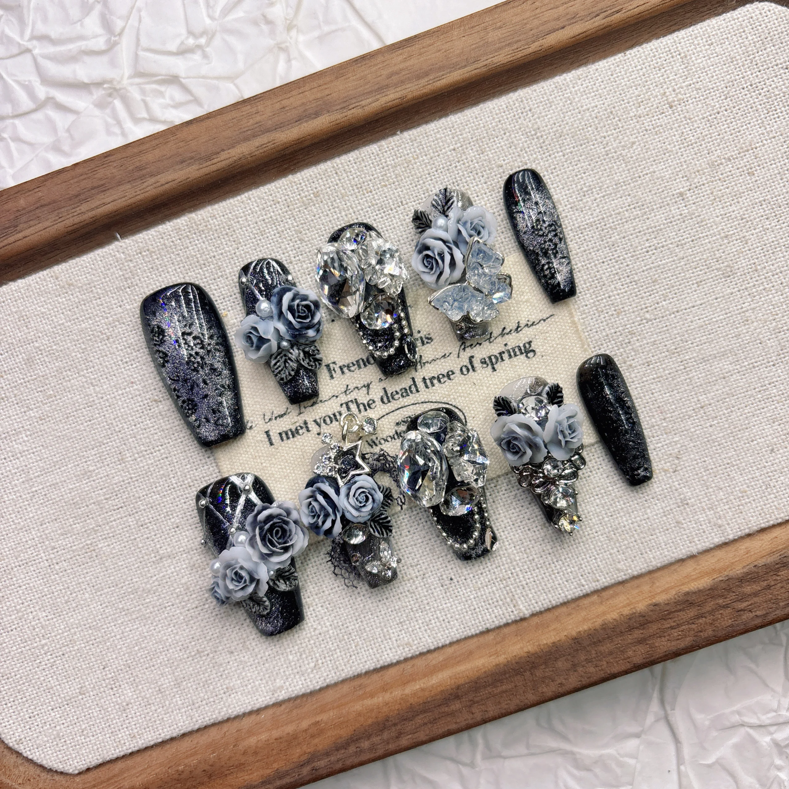 Gothic Elegant Press On Nails Smoky Black Glitter Resin Metal Star Butterfly Accessories Multiple Sizes Easy to Apply Reusable