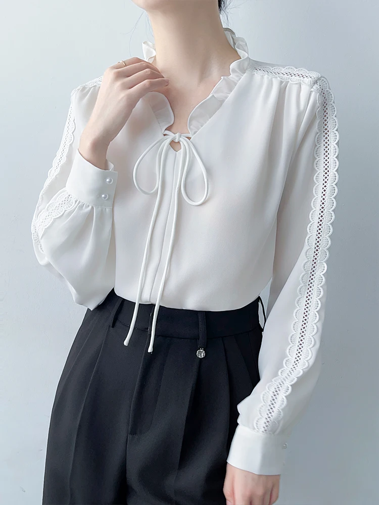 

White V-ne irt Korean Sle Commute Faion Ladies' Interview Clothing Earlet Ba Breathable Polyester Fiber