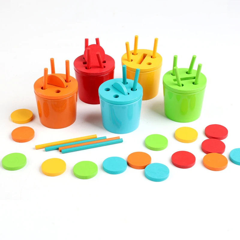 Montessori Color Sorting Cup Shape Color Matching Toys Wooden Sticks Classification Bucket Early Education For Age 3+ Fine Motor