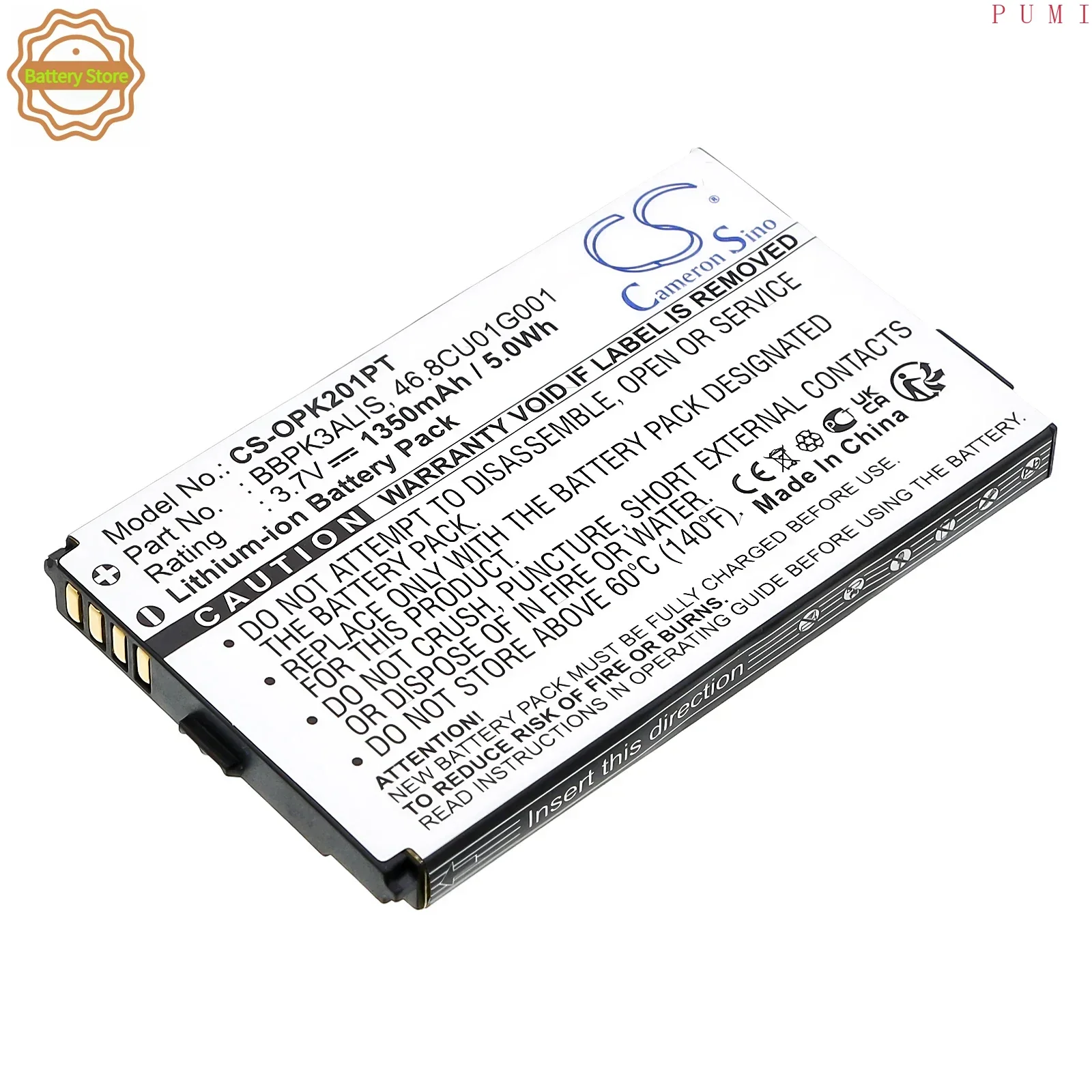 CS Replacement Battery for Optoma PK201,PK301 PN:BBPK3ALIS,46.8CU01G001 1350mAh / 5Wh