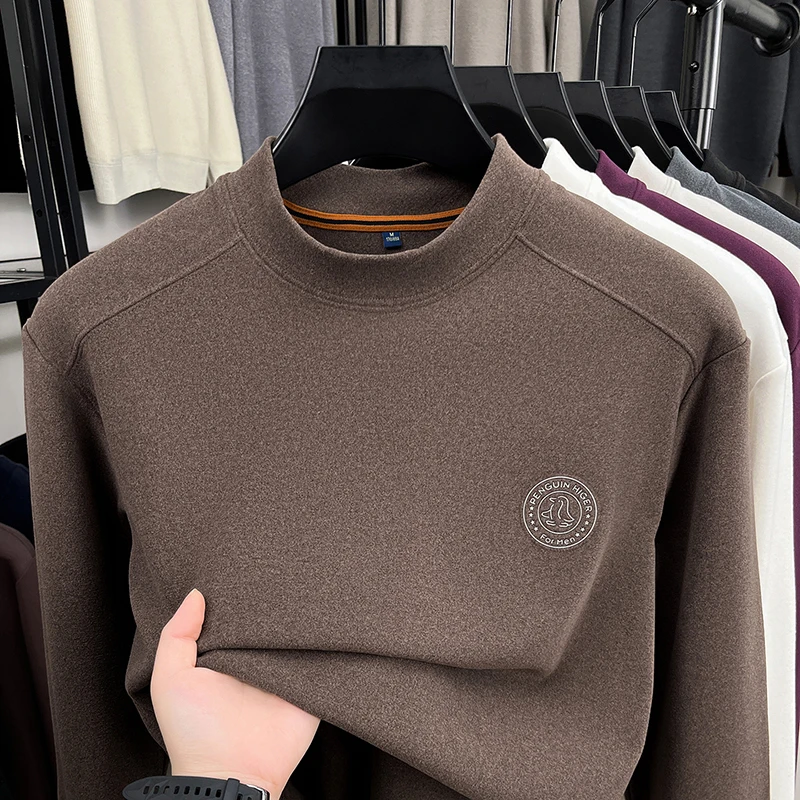 Sweater Lengan Panjang Semi High Neck Beludru Jerman untuk Pria, Kemeja Dasar Hangat Beludru Dua Sisi, Lapisan Dalam Berbulu