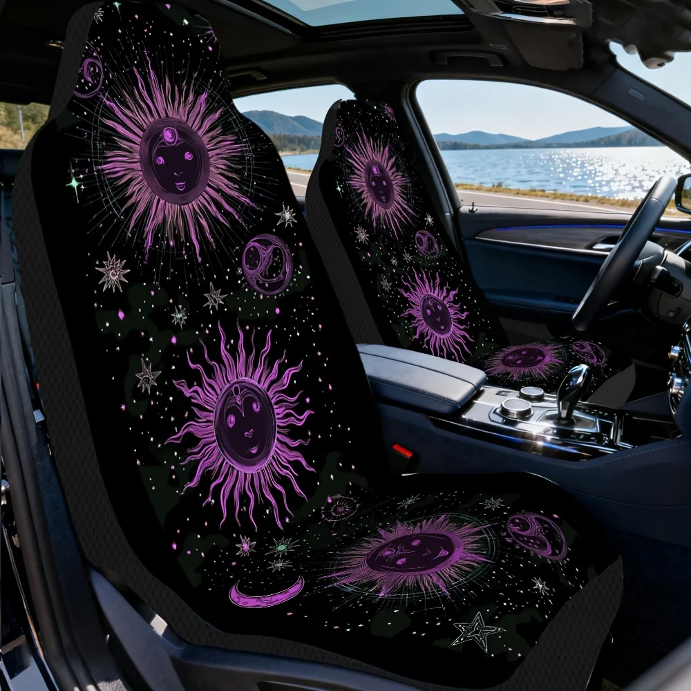 2pcs Car Seat Covers Set, Cosmic Celestial Sun Moon Print, Fashionable Vehicle Seat Covers. Fits Urban Daily Travels, Weekend O