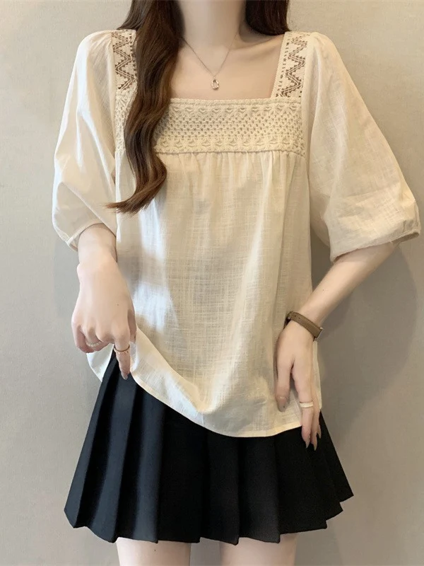

Ethnic Style Lace Square Collar Short Sleeve Chiffon Shirt Women Summer plus Size Doll Shirt Cotton Linen Top Korean Loose Fit