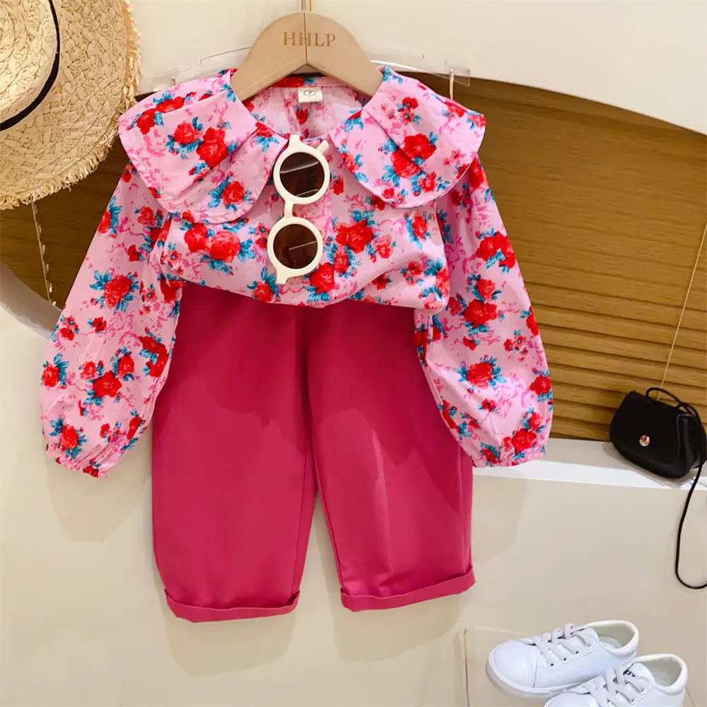 Girls Spring  Autumn Clothes Suit 2023 Children\'s Doll Collar Rose Long-sleeved Shirts + Casual  Pants Two-piece Clothing Sets