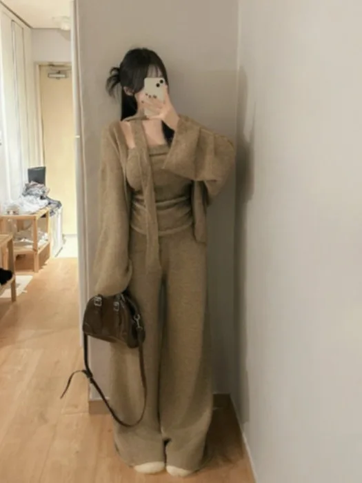 Faionable chique solto malha cardigan camisola superior com tubo superior e calças de perna larga conjunto de peça para mulher outono wear
