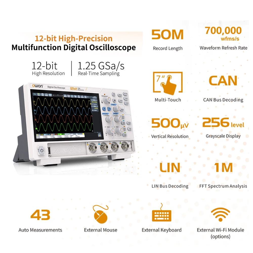 OWON ADS824A 4CH 200MHz 1.25GSa/s Digital Storage Oscilloscope, 50M Storage Depth, 12-bit 7-inch Touchscreen, CAN Bus Decording