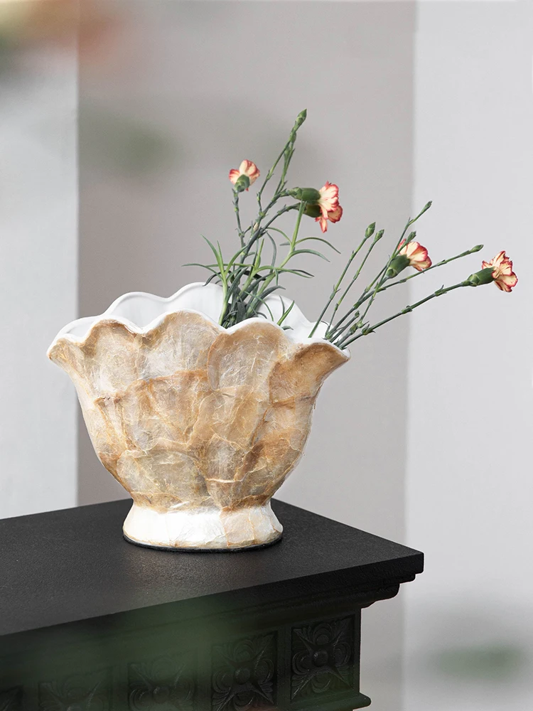 Natural Seashell Inlaid Ceramic Vase, Handmade Luxury Gold Flower Vase for Home Decor Living Room Decoration