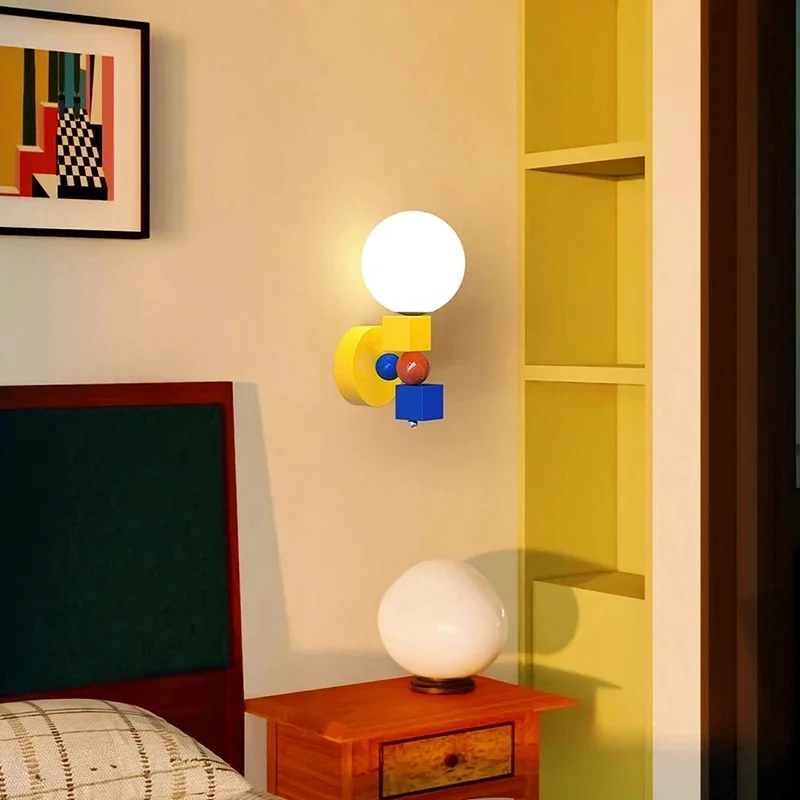 Colorful Geometric Wall Sconce Creative Glass Globe LED Wall Lamp Kids Bedroom Bedside Aisle Decor Art Wall Light