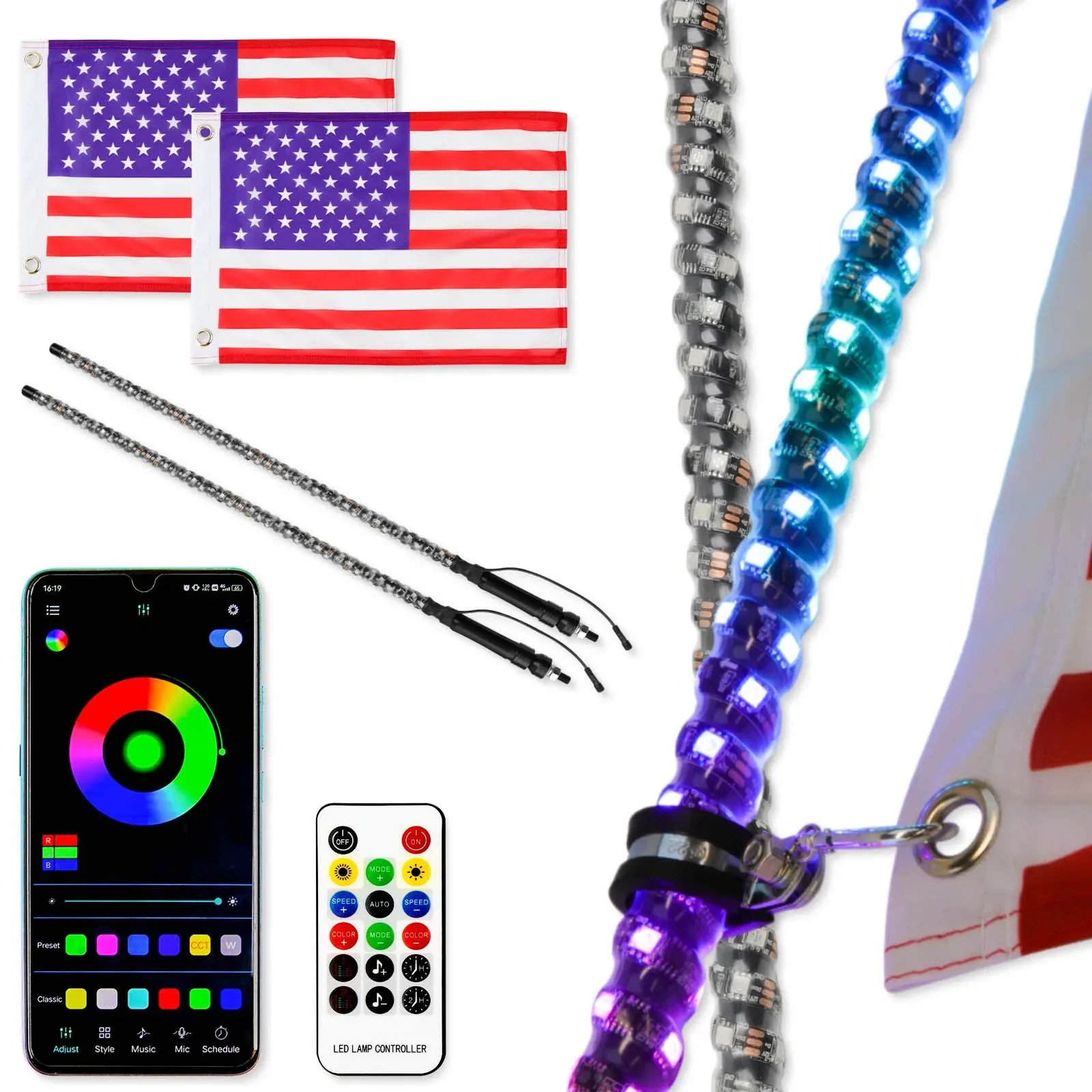 2PCS 1FT 12V Fat Spiral LED Whip Light For Side By Side For UTV APP Control Compatible With Polaris RZR for Can-Am Maverick X3