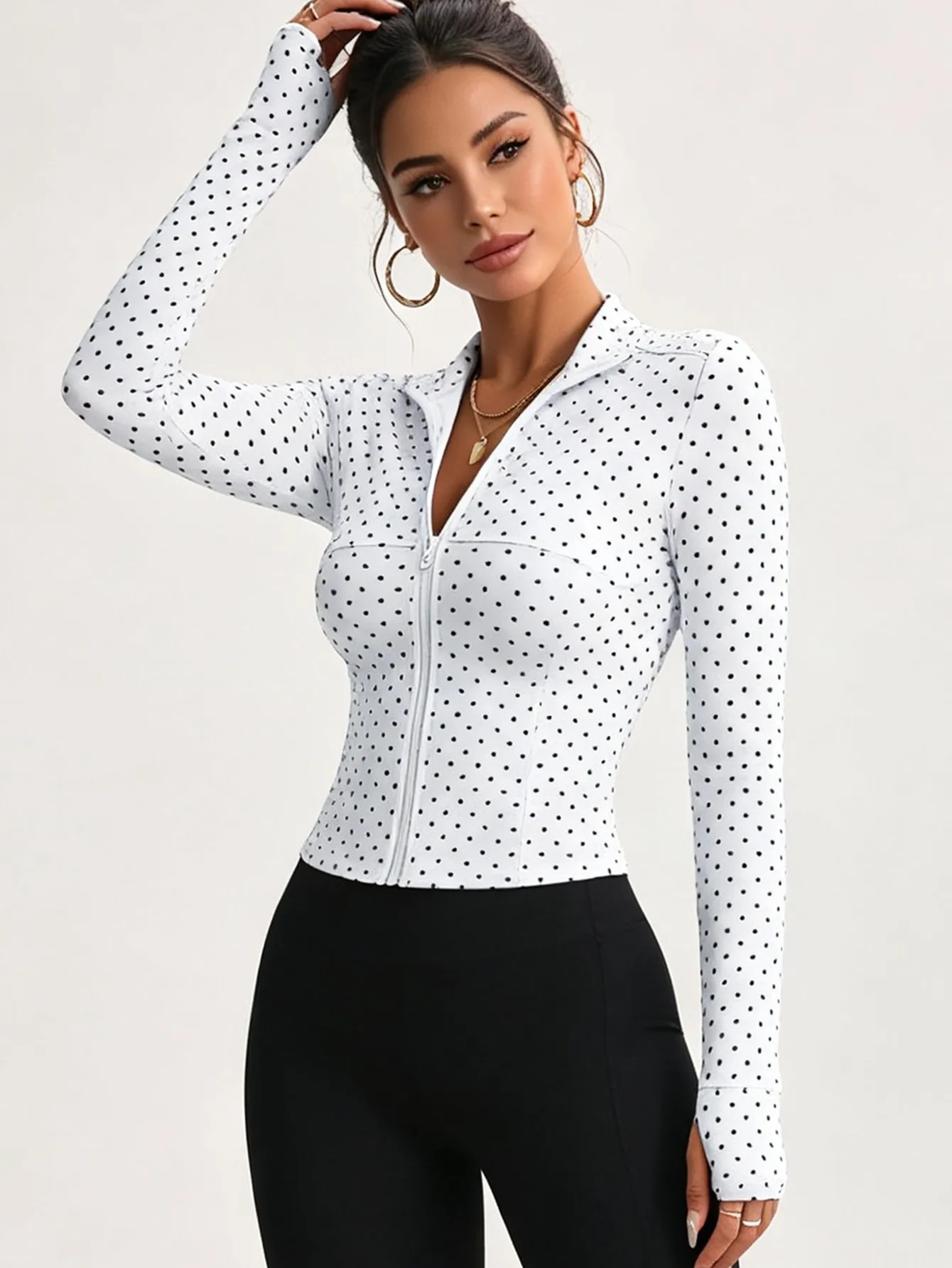 White Polka Dot Stand Collar Zipper Sports Jacket, Short And Slim-Fitting Long-Sleeved Fitness Yoga Top