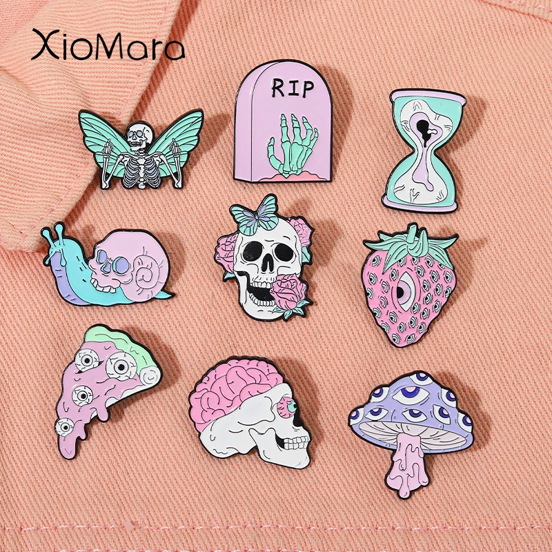 Skull Skeleton Enamel Pin Intensive Eyes Strawberry Pizza Mushroom Backpacks Brooches Punk Gift For Friend Party Jewelry