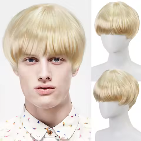 Anxin Blond Short Straight Luffy Bowl Cut Anime Outfit Costume Synthetic Wig For Men Party Halloween