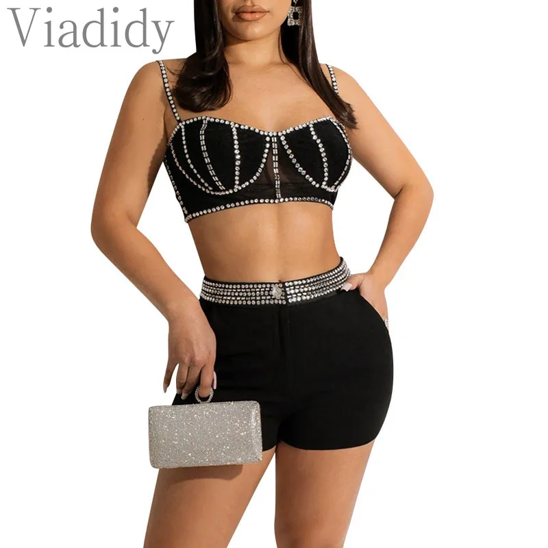 Women Sexy Solid Color Glitter Rhinestone Decor Spaghetti Strap Tank Top and High Waist Short 2pcs Set