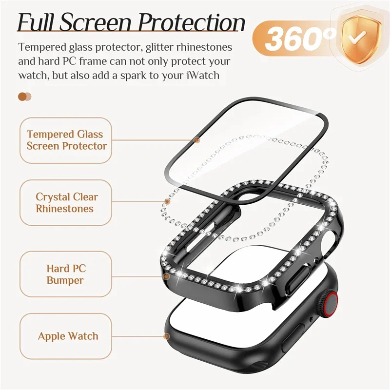 Pasek do zegarka Apple Watch 44 mm 45 mm 40 mm 41 mm Pleciony pasek z pętlą Solo z diamentowym szkłem + osłona do bransoletki iWatch Series 9 7 8 6 5SE