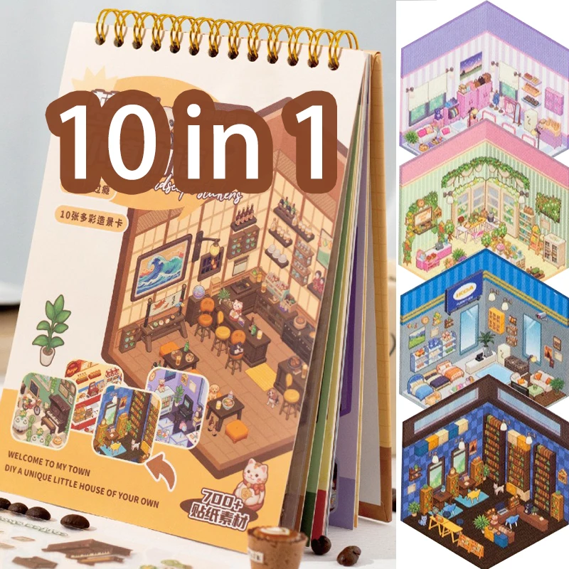Cartoon Scene DIY Toy 3D Landscape Sticker 10Sences in Book Collection Book Album Game Festival Birthday Gift for Kid Girl Child