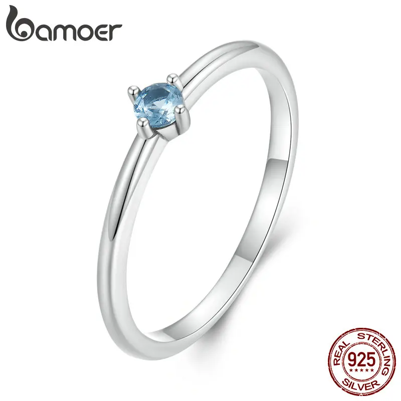 Bamoer 925 Sterling Silver Minimalist Blue Zircon Ring for Women Anniversary Band Simple Silver Ring Fine Jewelry Gift BSR281