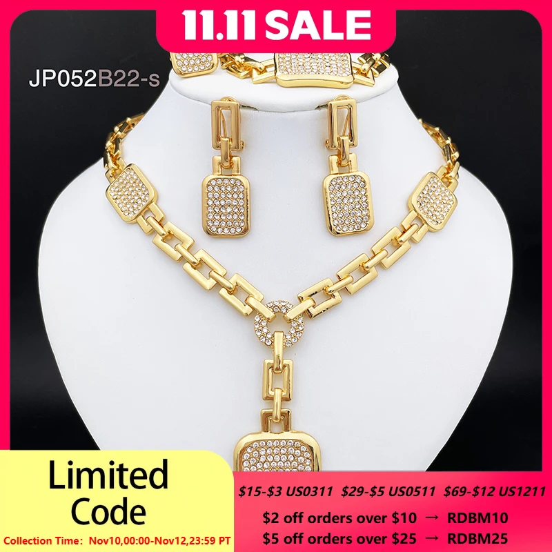 

Классический дизайн, женский комплект ювелирных изделий, позолоченный 18 К, квадратный кулон, ожерелье, серьги, браслет, кольцо, комплект из 4 предметов, ювелирные изделия, свадебная вечеринка