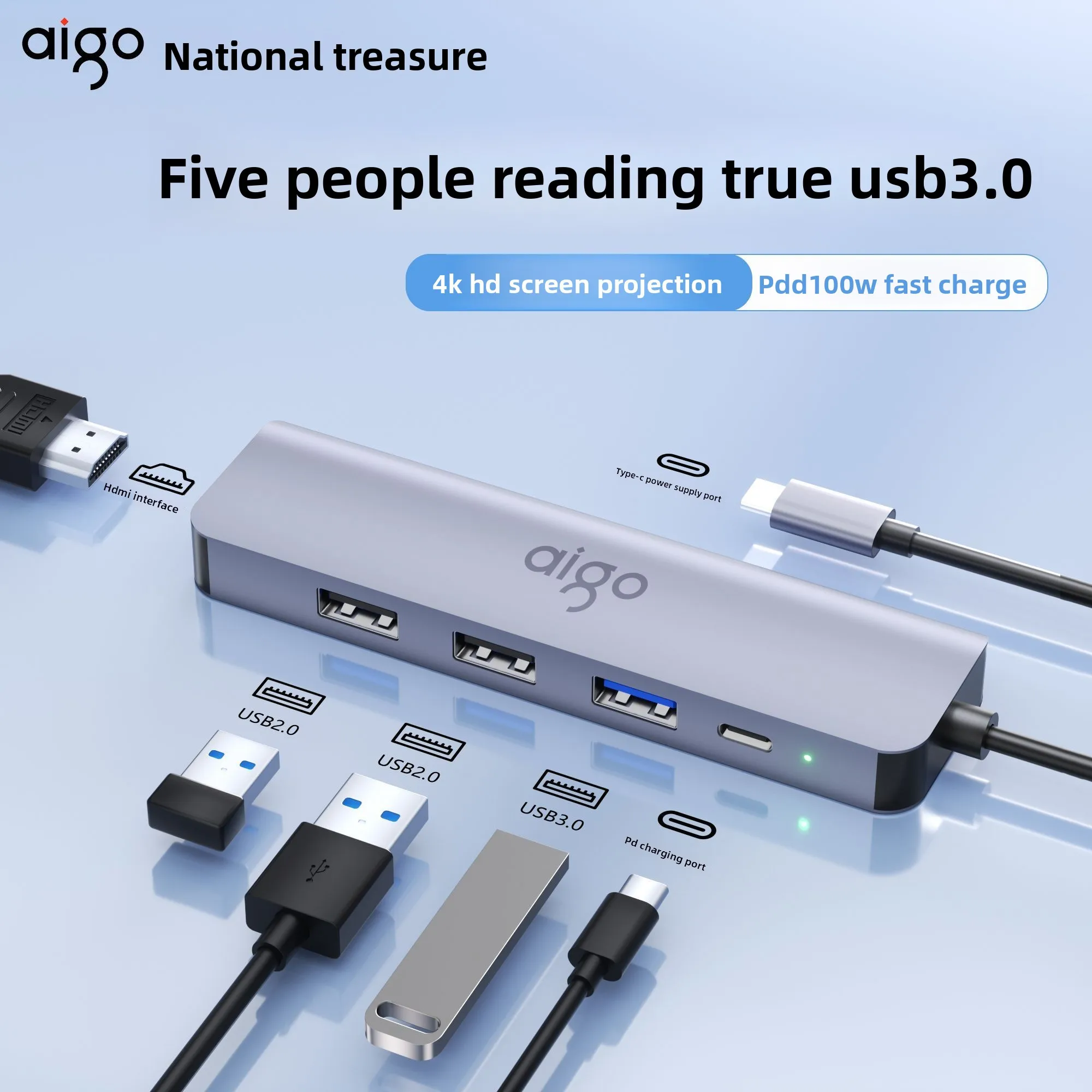 Aigo USB C Hub with HDMI Multiport Adapter for Laptop Fast Type C Charging Dock with Power Delivery