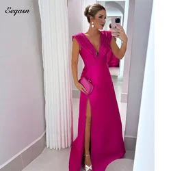 Customized Fuchsia Evening Dress Line A V Neck Special Occasion Dresses Leg Split Satin Woman Formal Prom Gala Vestido Formales