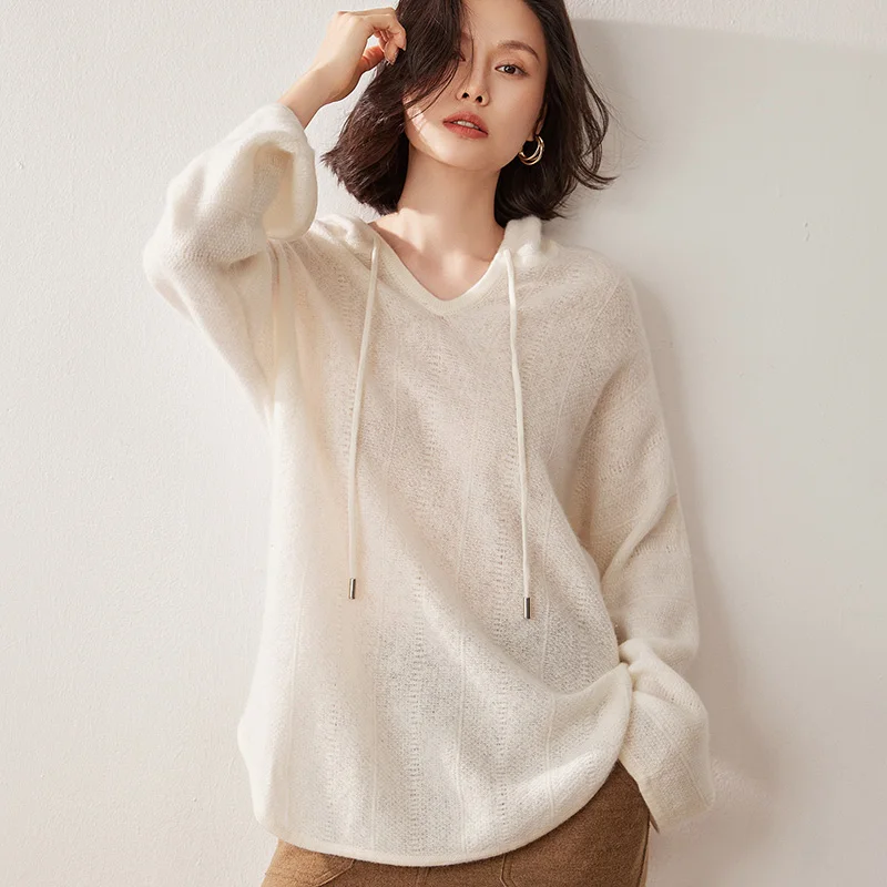 

Women's 100% cashmere sweater casual solid color knitted pullover Tops hook flower hollow Jumper hooded collar loose/warm Blouse