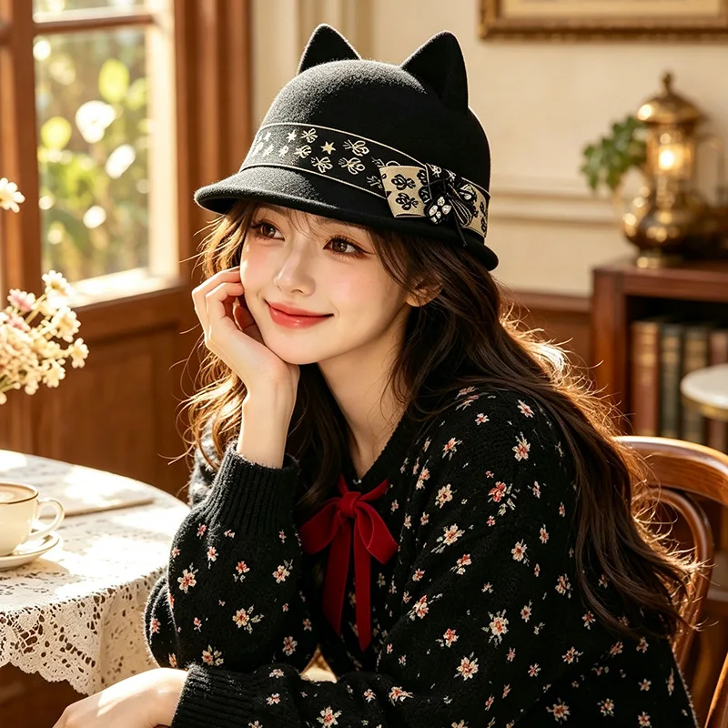 Korean Cute Cat Ear Bow & Little Bee Equestrian Hat, Sweet Playful Fashion Derby Hat for Women