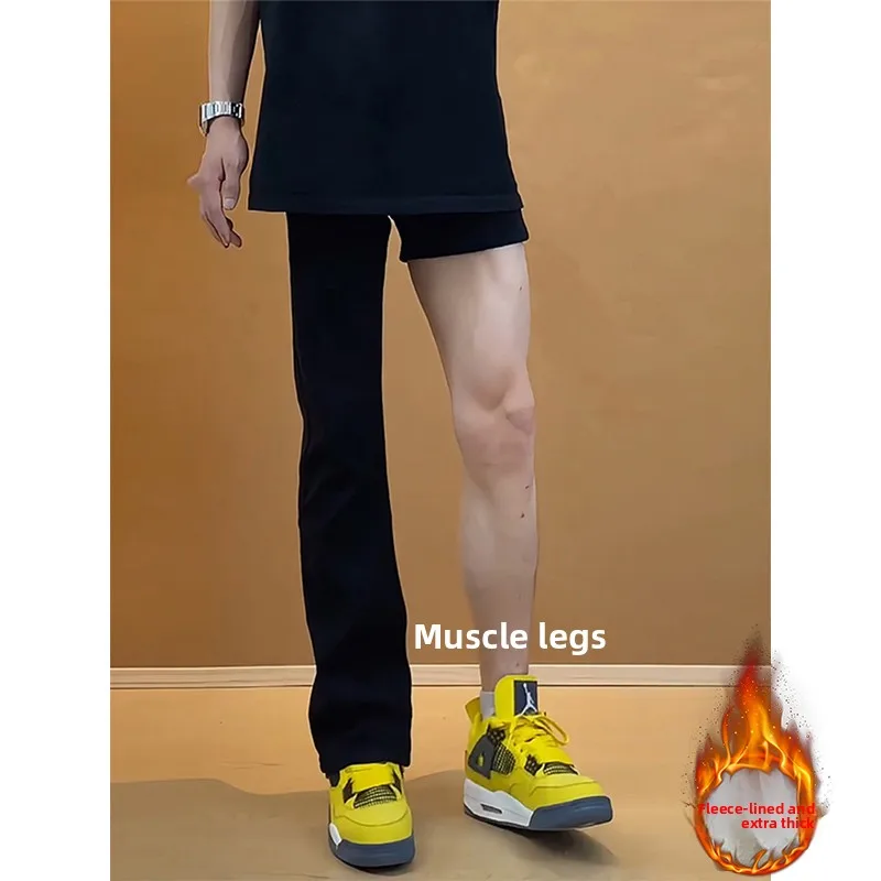 

Bla Thiened Fce-lined Men's Denim Jeans Spring Autumn Winter Straight Leg High Street Sle Wear Resistant Micro-flared