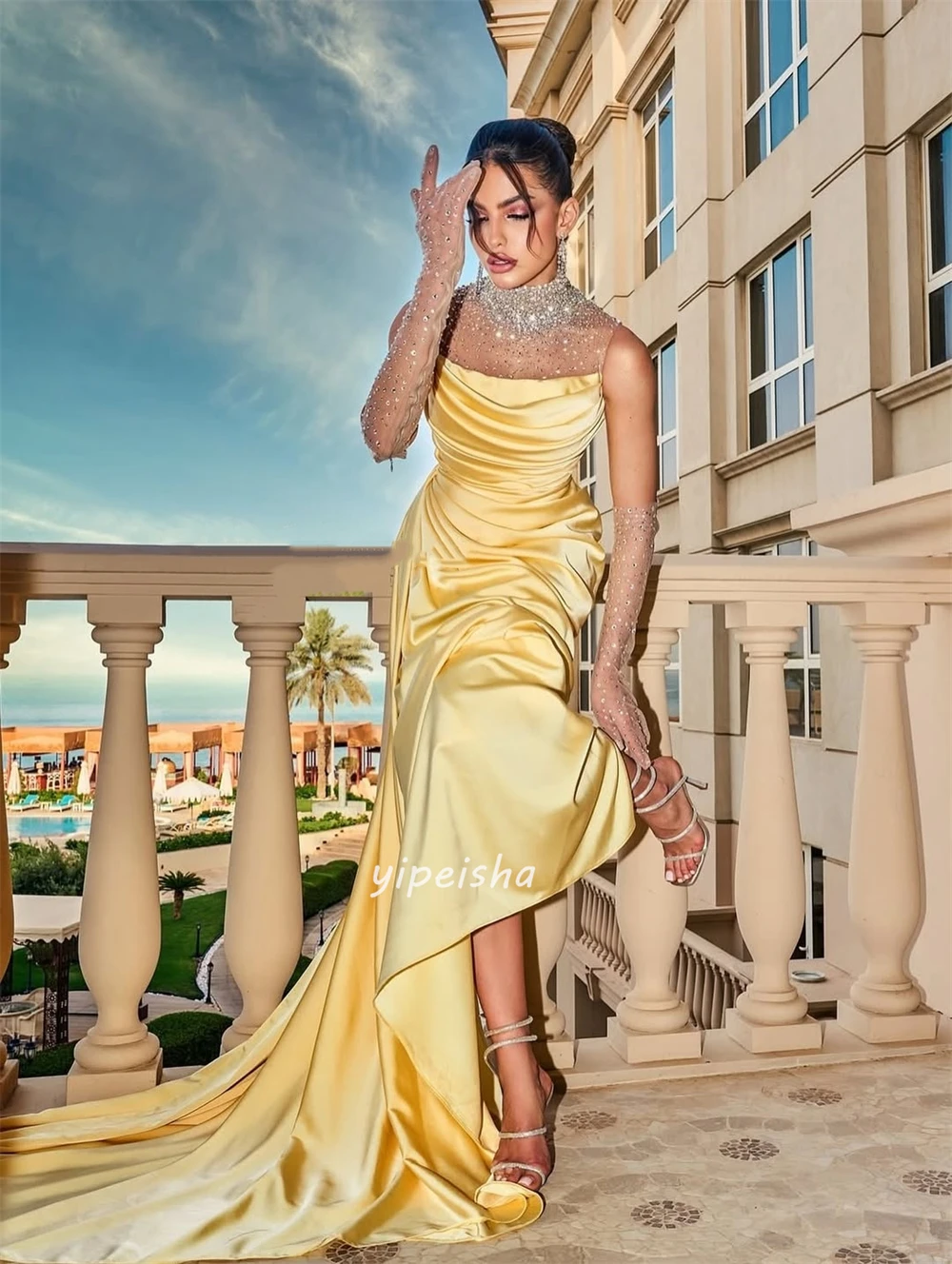 Customized Intricate Formal Charmeuse Sequined Beading Column High Collar Long Dresses Bespoke Occasion Dresses Sizes Available
