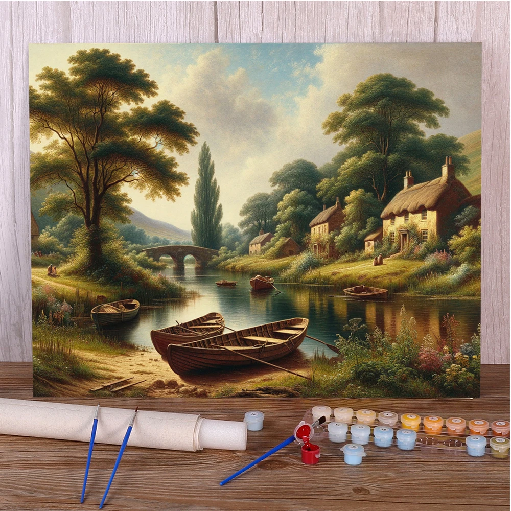 Landscape House By River Painting By Numbers Complete Kit Oil Paints 50*70 Boards By Numbers Wall Paintings Crafts For Adults