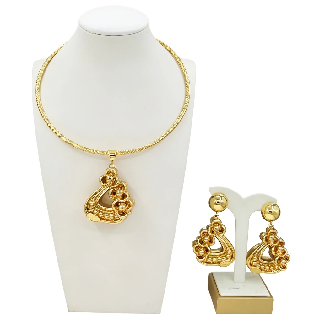 Women Bold Hollow Triangle Gold Tone Jewelry Set Twisted Choker Necklace Floral Drop Earrings Banquet Statement Accessories