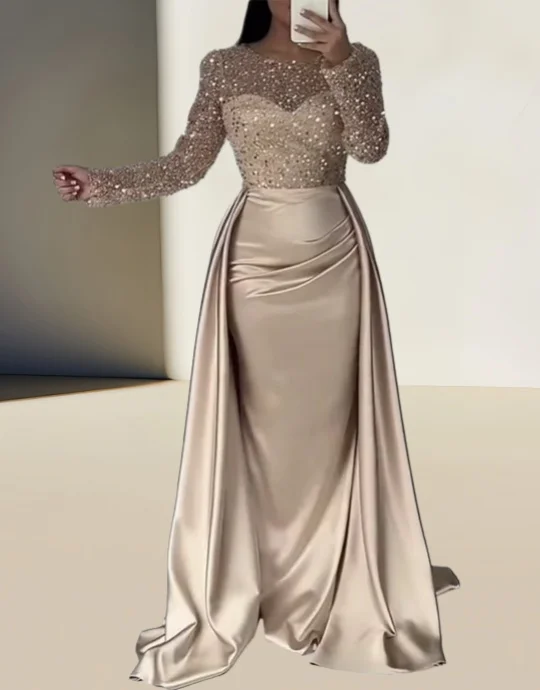 

Вечернее платье с пайетками и русалкой, атласное платье с длинными рукавами, длиной до пола, блестящее платье для выпускного вечера, свадебное платье для гостей с верхней юбкой 2026