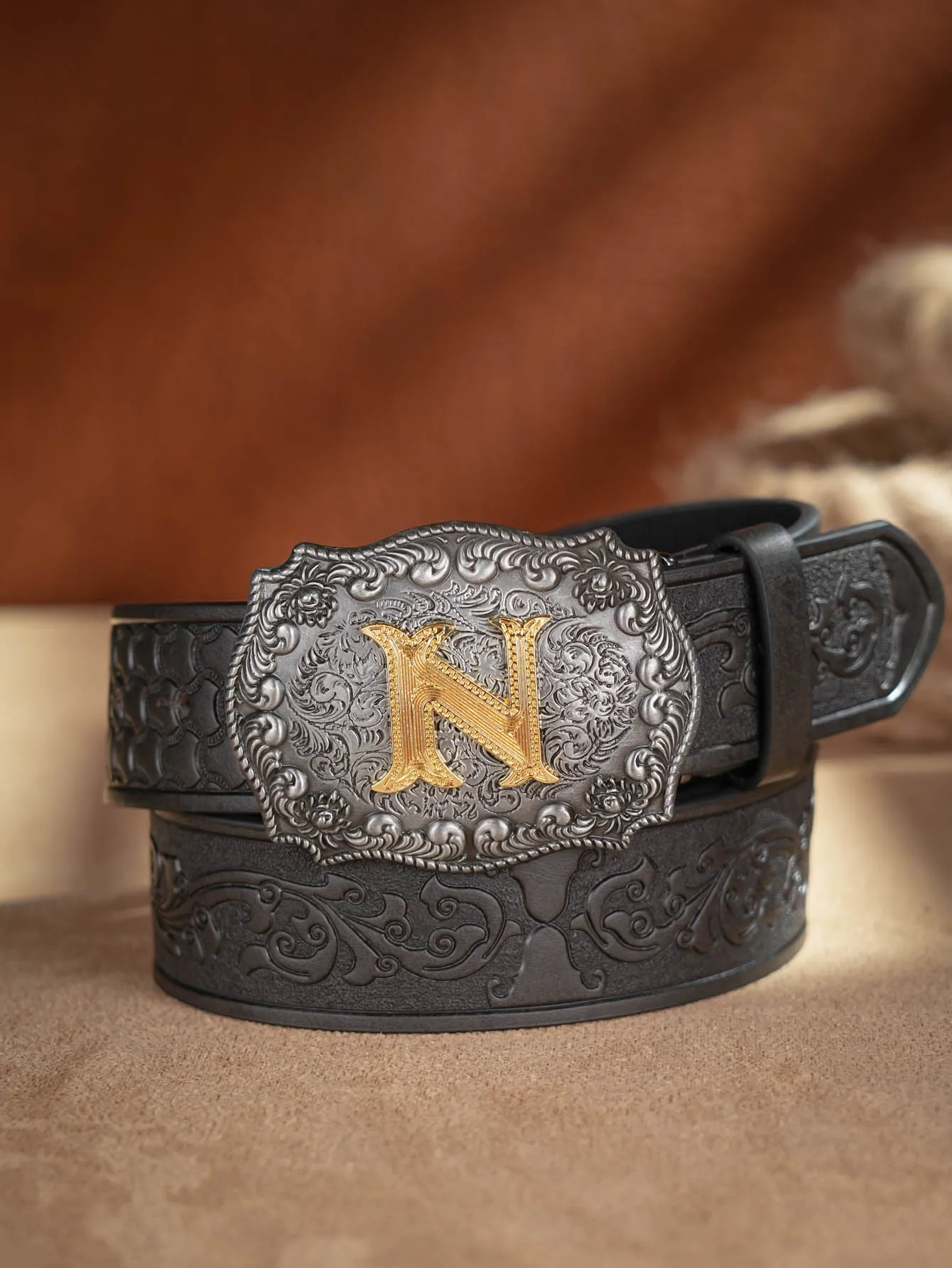 Western Cowboy PU-Ledergürtel – Herren-Hüftgurt, Stier-Dekoration, Blumenmuster, graviert für Jeans – Detail 29