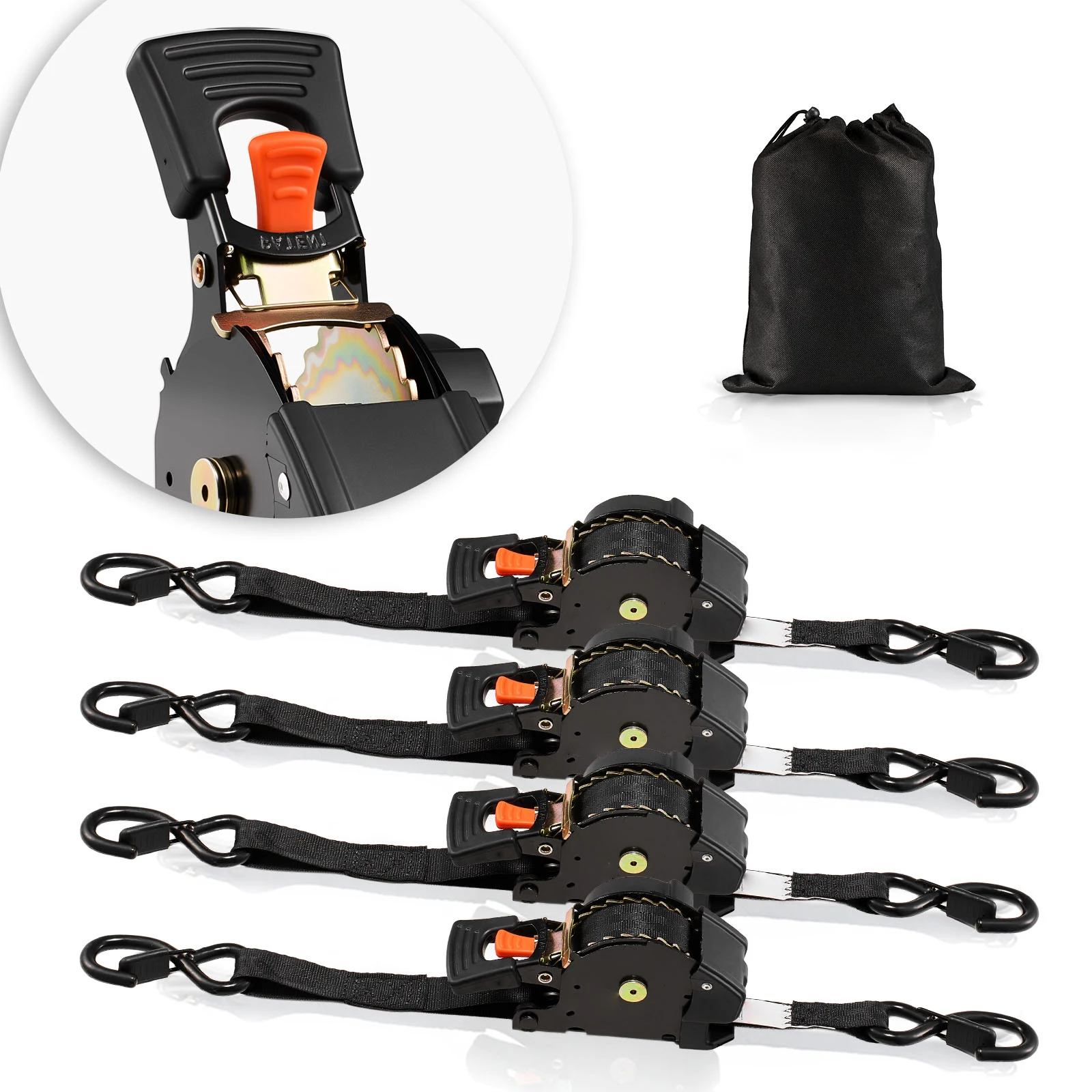 SucceBuy Lot de 4 sangles à cliquet rétractables de 25,4 mm x 4,9 m avec crochets en S, sac de transport, résistance à la rupture de 700 kg pour le transport de remorques et de kayaks