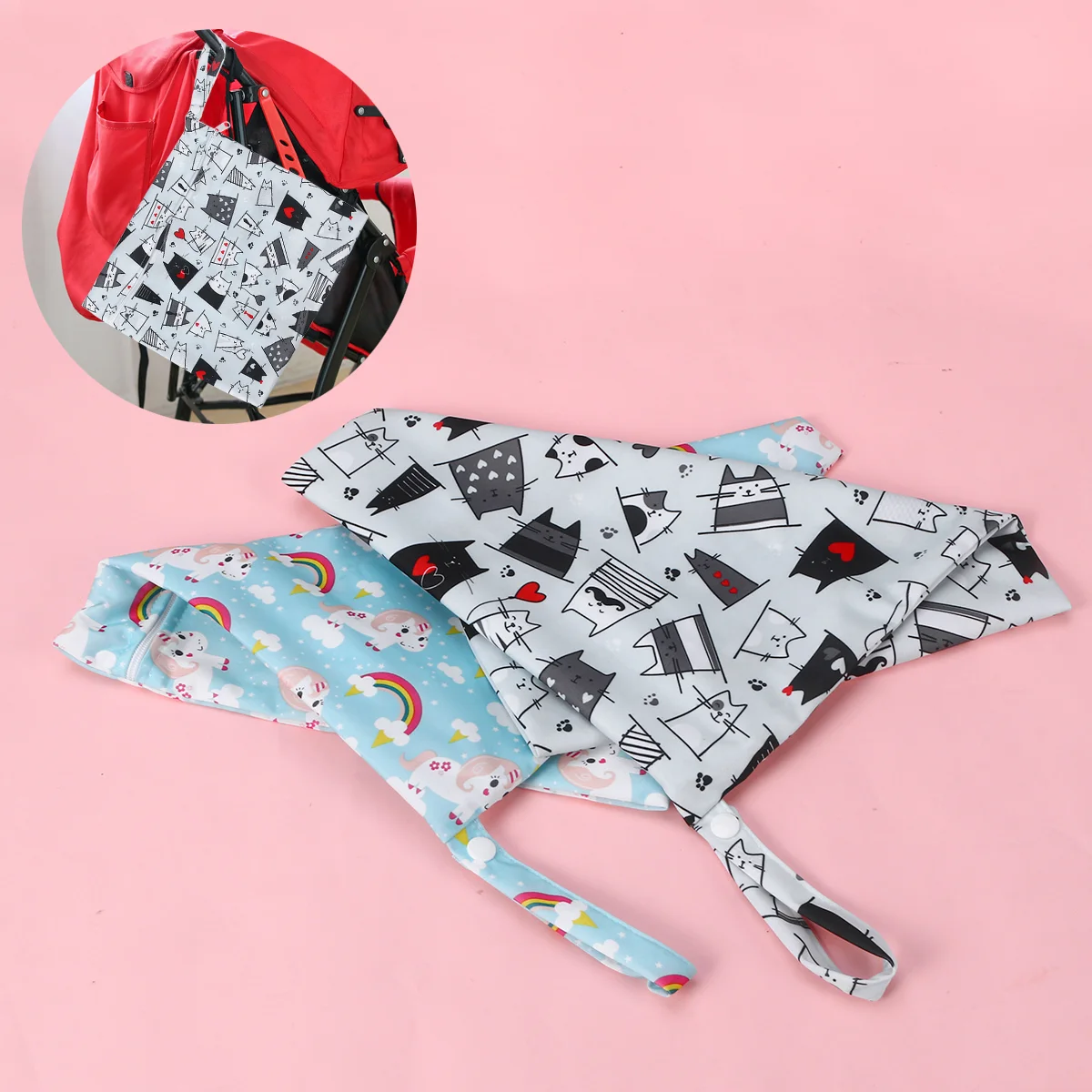 

2 Pcs Printed Zipper Diaper Pouch Resuable Wet Dry Baby Infant Bag Cartoon Waterproof Nappy