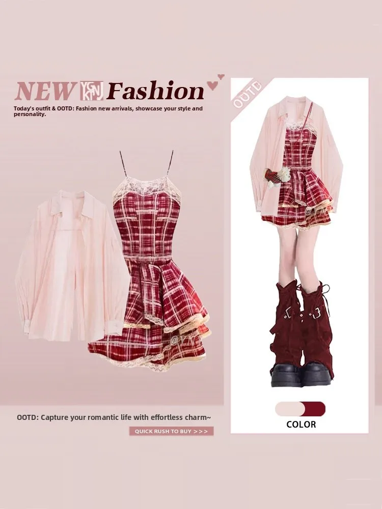 

Sweet Pink Loose Women's Sun Protection irt Spring Summer Red Plaid ter Dr Puffy Two-Piece Set Faionable Outfit