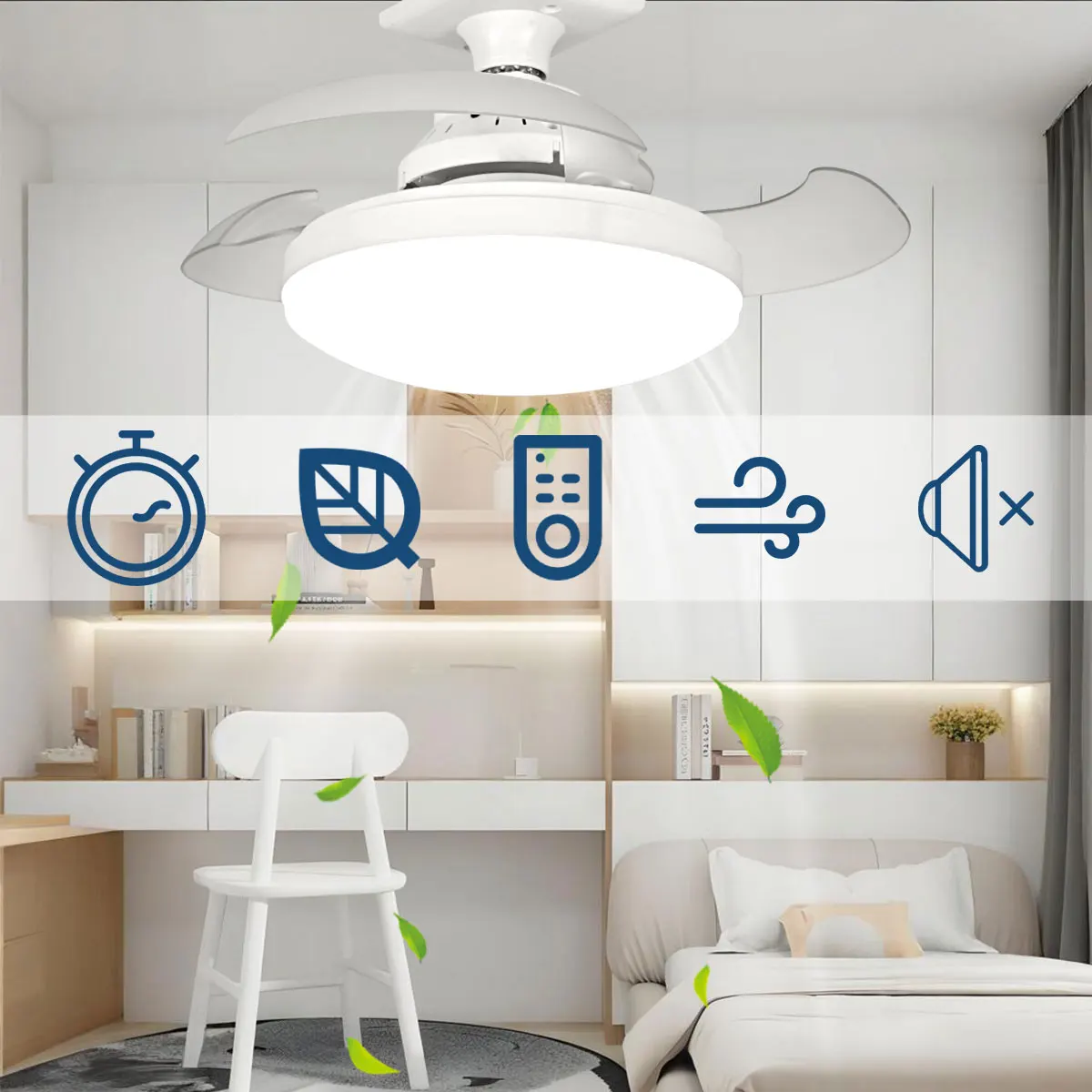 48w-e27-ledシーリングファンライト、リモコン付き調光可能ac85‑265v、リビングルーム用家庭用ファンランプ、室内照明