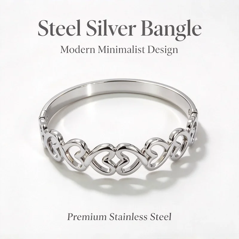 Gold Color Snap-on Openwork Bangle Heart Bracelet Stainless Steel Trendy Durable Women Fashion Jewelry Gift for Her Party Daily