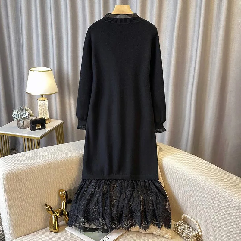 

Long Dress Women Sweaters Dresses Knit Vestidos Y2k Streetwear Mock Neck Full Sleeve Lace Elegant Party Night Work Autumn Winter