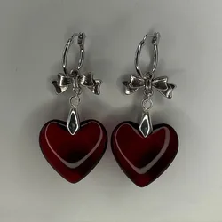 Sweet Cool Harajuku Red Glass Love Heart Dangle Earrings for Women Hot Girls Gifts Y2k Punk Bowknot Earings Korean Accessories