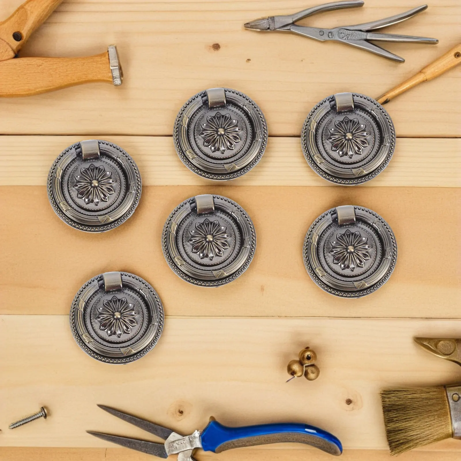 6Pcs Vintage Zinc Alloy Cabinet Pulls Floral Engraved Single Hole Handles for Kitchen Wardrobe Dresser Drawer Hardware