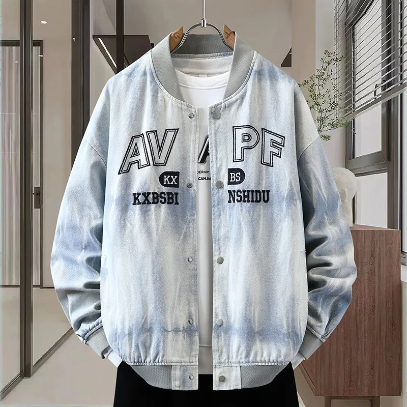 

Повседневная джинсовая куртка с бейсбольным воротником для мужчин, легкая роскошная Гонконгская модная универсальная верхняя одежда с вышивкой