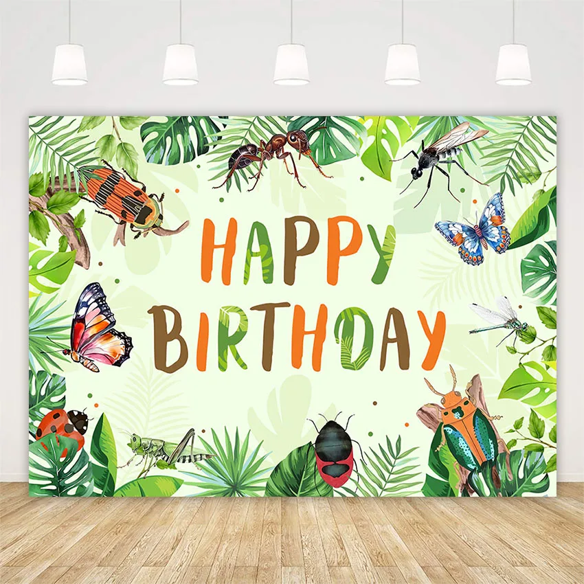 Pano de fundo de aniversário com tema de insetos, cenário de aniversário infantil, folhas verdes tropicais, decoração de festa, adereços para fotos