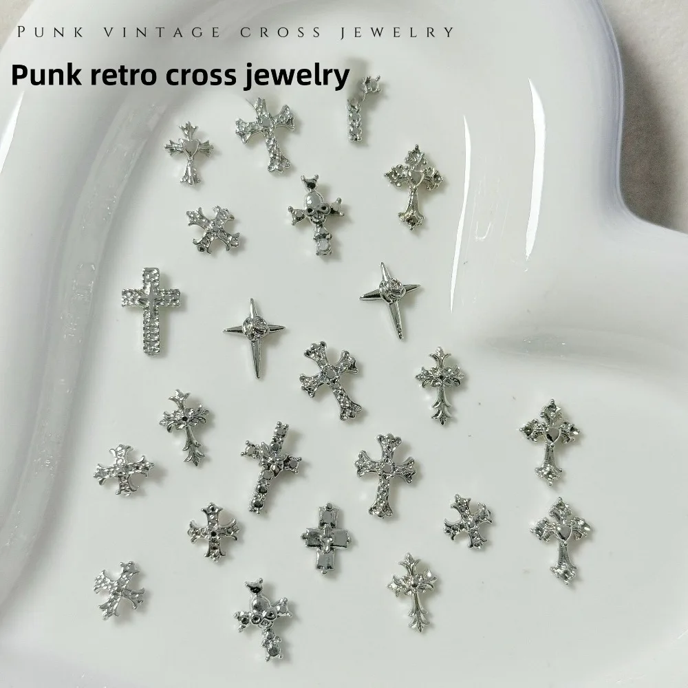 Punk-Style Metall-Nagelcharms Retro Silber Kristall Kreuz Sterne Nageldekorationen für DIY Nagelkunst Maniküre Design Zubehör – Detail 6