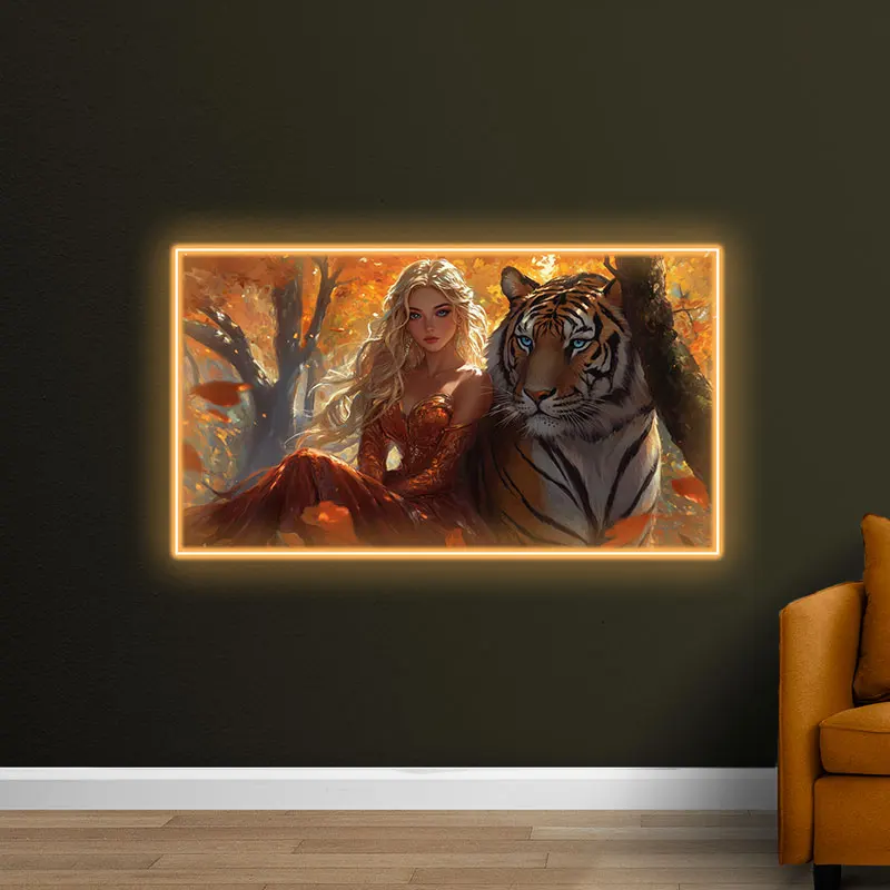 Elegant Woman and Tiger Neon Light, Stunning LED Sign with Autumn Colors, Perfect for Artistic Wall Decor & Unique Gift Ideas