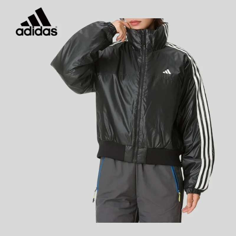 Adidas Women's Coat 2026 Winter New Striped Stand-up Collar Warm Windproof Sports Casual Cotton-padded Coat KW4746