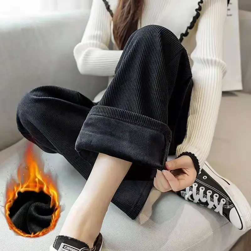 2024 New Women's Straight Popular Chenille Cream Pants Thickened Velvet Corduroy High-waisted Drawstring Casual Wide-leg Trouser