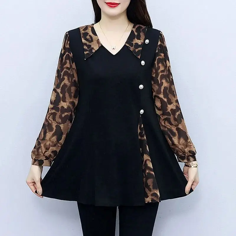 Mommy Outfit Autumn Korean New Polo Collar Pullover Commuter Fashion Printed Button Spliced Shirts Versatile Long Sleeved Tops